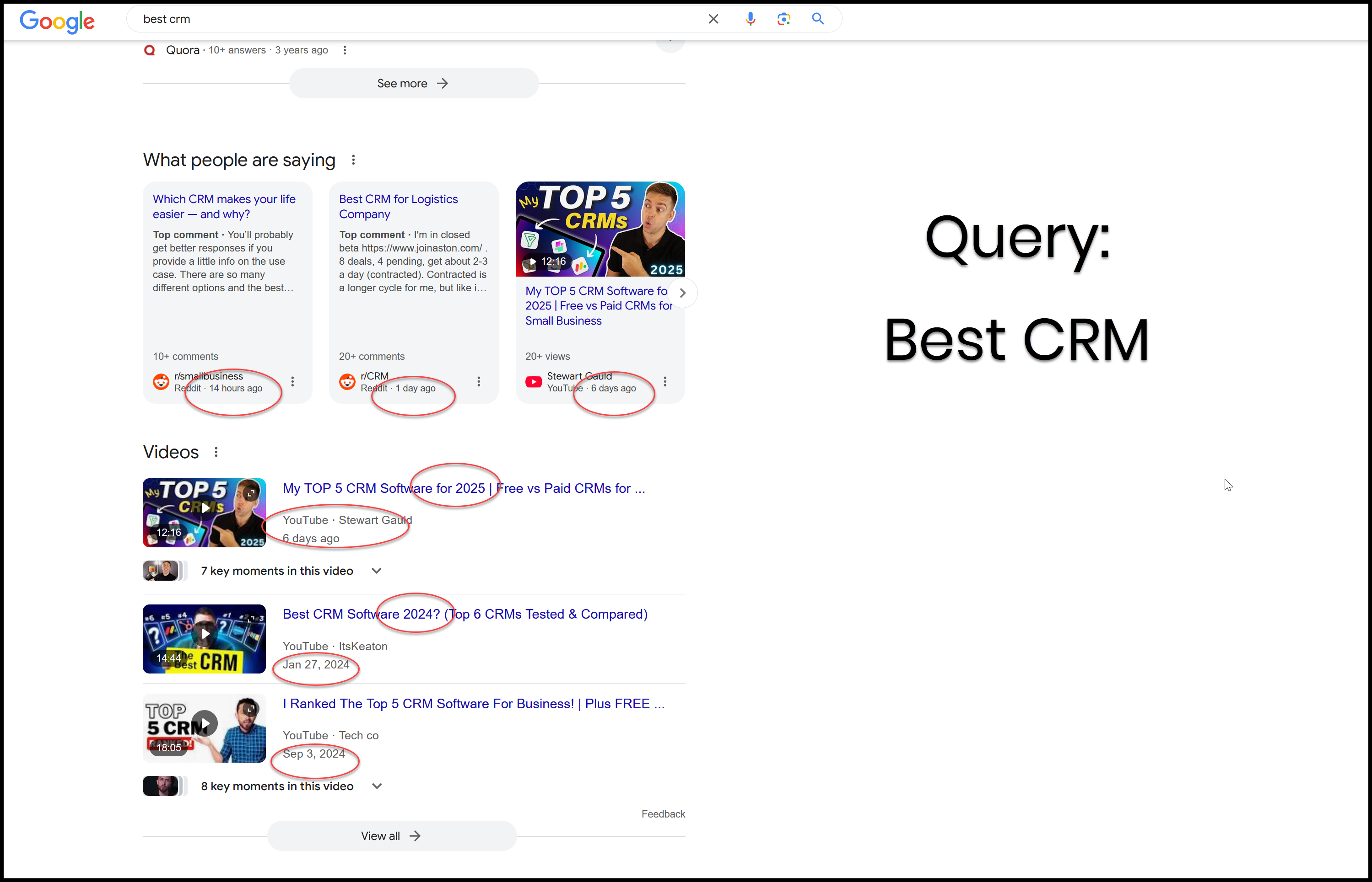 Best CRM search showing recency matters in the serp